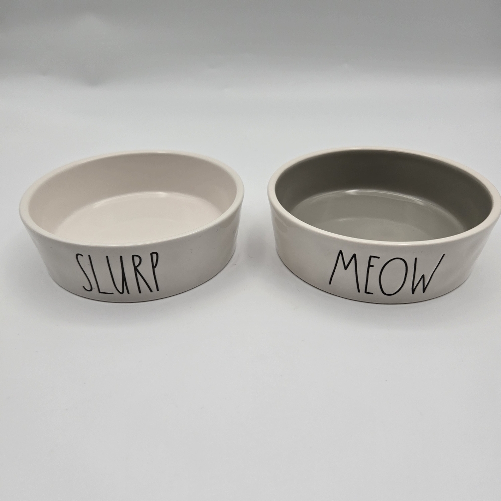 Rae Dunn MEOW SLURP Set Of 2 Ceramic Cat Food Water Bowls